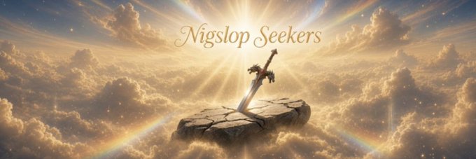 A fantasy-themed banner for the Solana token $Nigslop features the text "Nigslop Seekers" in elegant script above a sword embedded in a cracked stone platform, surrounded by radiant golden clouds and sunbeams—evoking a classic quest or adventure aesthetic for the Moby-listed community token.