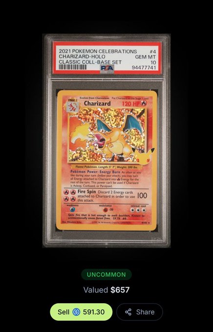 This image shows a PSA-graded Charizard Pokémon card from the 2021 Pokémon Celebrations set, valued at $657. The high monetary value and the "highly addictive" caption suggest the image is highlighting the intense allure of high-value collectible trading.