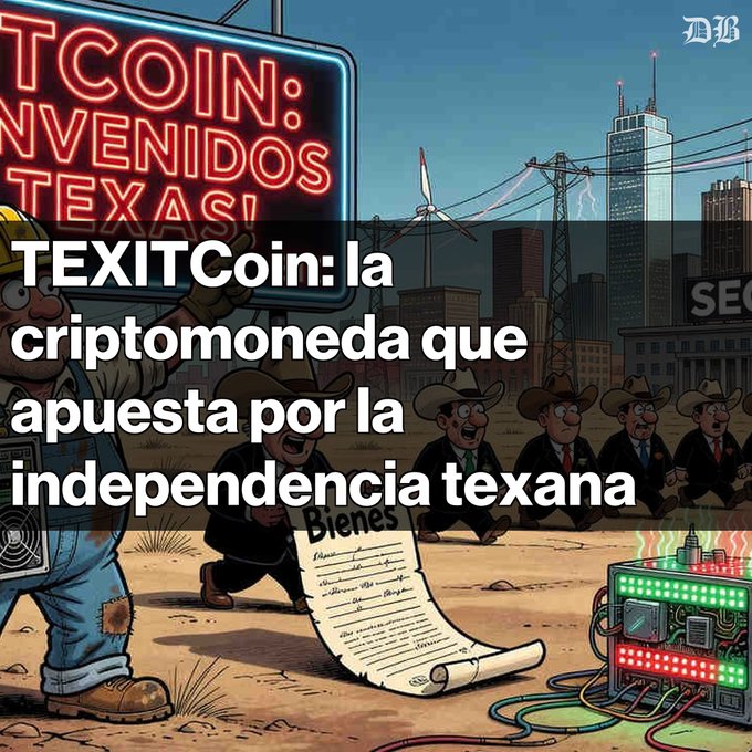 A cartoon-style illustration featuring businessmen in cowboy hats near a mining rig and a 'BITCOIN: BIENVENIDOS A TEXAS!' neon sign, overlaid with the Spanish headline 'TEXITCoin: la criptomoneda que apuesta por la independencia texana'.