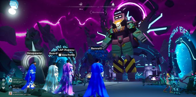 A screenshot from a video game showing characters including "Dinopawnz" and "Bennett" standing before a large mechanical enemy in a dark, purple-hued environment.