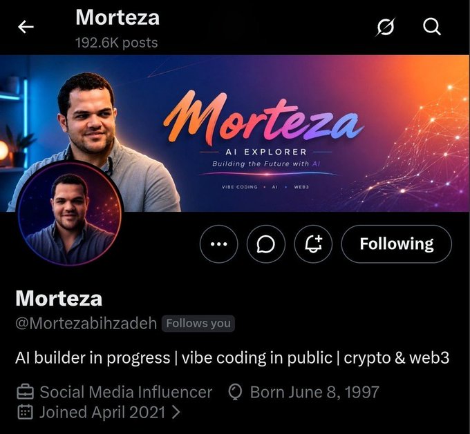 The image shows an X (Twitter) profile page for "Morteza" (@Mortezabihzadeh), an AI Explorer with 192.6K posts, whose bio describes him as an "AI builder in progress | vibe coding in public | crypto & web3." The profile aligns with the post's message, as the banner highlights "AI EXPLORER - Building the Future with AI" with tags for "VIBE CODING," "AI," and "WEB3," reflecting his new focus on sharing his AI building journey alongside his continued interest in crypto and web3.