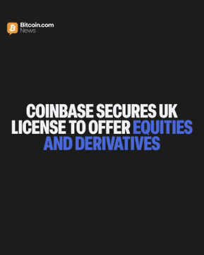 The image is a Bitcoin.com News graphic with bold white and blue text on a black background reading "COINBASE SECURES UK LICENSE TO OFFER EQUITIES AND DERIVATIVES," accompanied by the Bitcoin.com News logo in the top-left corner. It visually reinforces the news that Coinbase has obtained a UK MiFID license, expanding its offerings beyond crypto to include equities and derivatives trading.