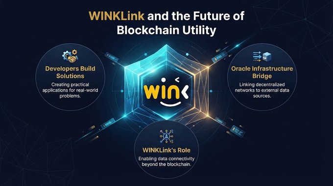 An infographic titled "WINkLink and the Future of Blockchain Utility" featuring a central glowing shield logo with the "WIN" text, surrounded by three circular nodes highlighting key concepts: "Developers Build Solutions" for creating practical applications, "Oracle Infrastructure Bridge" linking decentralized networks to external data sources, and "WINkLink's Role" enabling data connectivity beyond the blockchain—visually reinforcing how oracle technology bridges on-chain and off-chain systems.