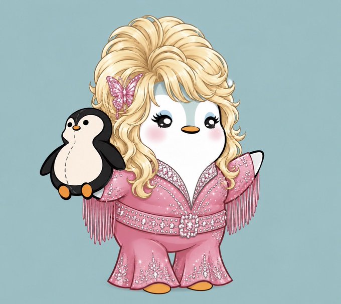 A cartoon penguin styled as Dolly Parton—blonde bouffant wig, pink bedazzled jumpsuit with fringe, and butterfly hair clip—holds a small stuffed penguin, serving as a playful tribute to the singer alongside the "RIP @DollyParton" message from @pudgypenguins.