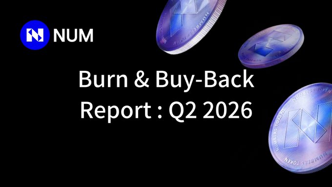 A promotional graphic for 'NUM' featuring the text 'Burn & Buy-Back Report : Q2 2026' with decorative coins displaying the NUM logo.