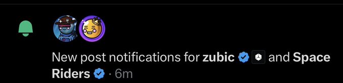 A Discord notification from 6 minutes ago reads "New post notifications for zubic ✓🪙 and Space Riders ✓," prompting followers to enable notifications for these two accounts.