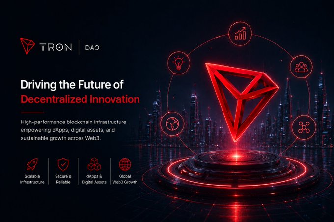 Promotional graphic for TRON DAO titled "Driving the Future of Decentralized Innovation," highlighting scalable infrastructure, secure and reliable systems, dApps and digital assets, and global Web3 growth.