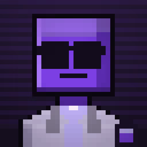 A pixel art character with a purple square head wearing sunglasses and a white outfit appears against a dark purple striped background. The image seems unrelated to the accompanying text about NFT sales volume on INK, as no text, numbers, or tickers are visible.