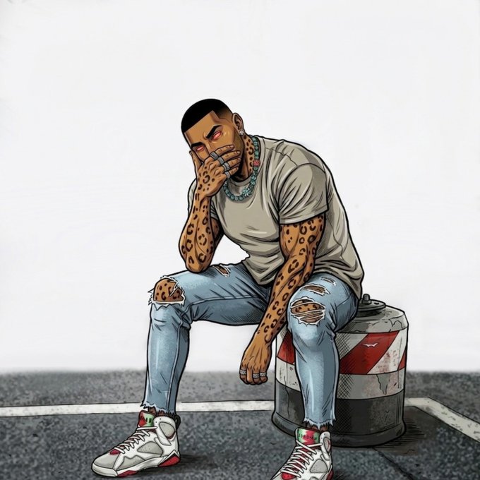 A digital illustration of a man with leopard-print tattoos, a turquoise necklace, ripped jeans, and white sneakers, sitting thoughtfully on a red and white barrel.