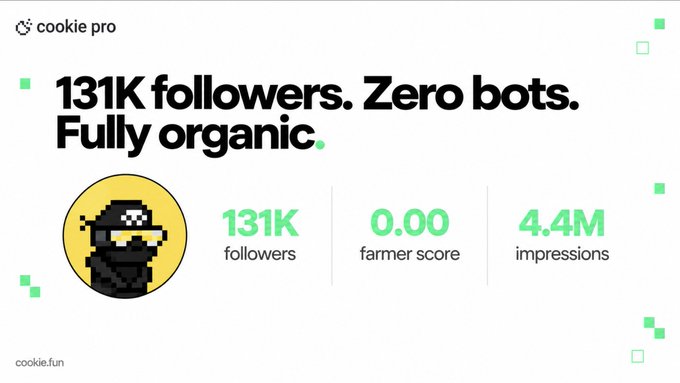 A Cookie Pro analytics graphic showcases Shibo (@GodsBurnt) with a verified profile featuring a pixel-art ninja avatar, highlighting impressive metrics: 131K followers, a 0.00 farmer score (indicating no bot activity), and 4.4M impressions, confirming the caption's claim of an entirely organic, bot-free following.