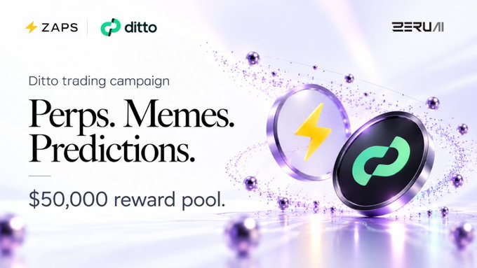 An advertisement graphic for a ZAPS and ditto trading campaign titled 'Perps. Memes. Predictions' with a $50,000 reward pool, branded with ZERUVII.