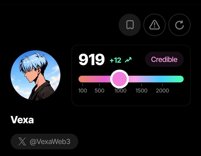 A profile card for 'Vexa' (@VexaWeb3 on X) showing a blue-haired anime avatar, a score of 919 (+12), a 'Credible' badge, and a colorful gradient meter.