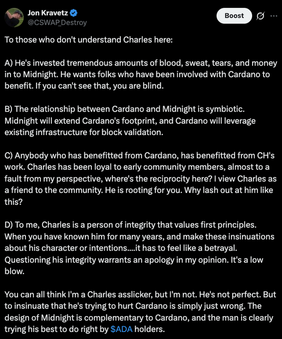 A screenshot of a tweet by Jon Kravetz (@CSWAPDestroy) defending Charles and the Midnight/Cardano relationship against community criticisms.