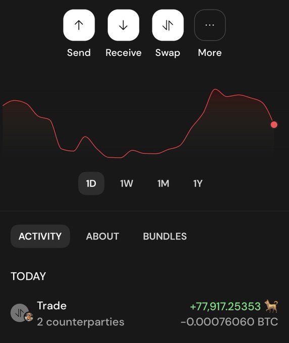 A cryptocurrency wallet app interface showing Send, Receive, and Swap buttons at the top, a red price chart over a 1D timeframe, and an Activity tab displaying a Trade of +77,917.25353 with -0.00076060 BTC and a Shiba Inu dog icon.