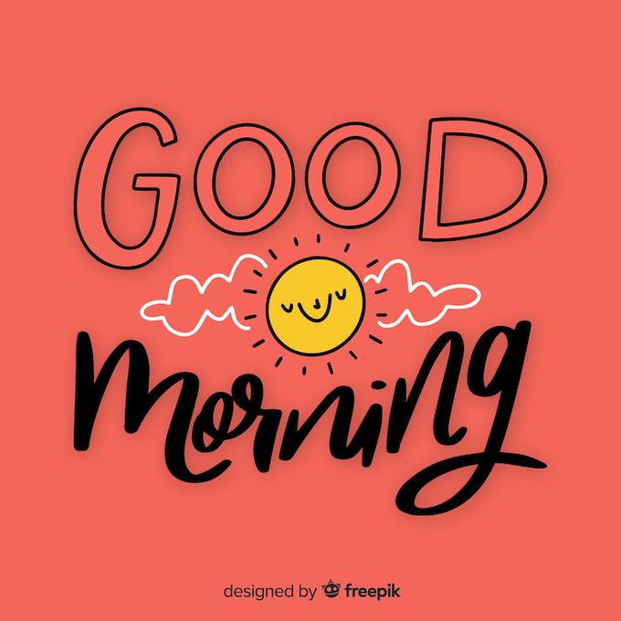 A cheerful 'Good Morning' graphic design featuring a smiling sun and clouds on a coral background, designed by Freepik.