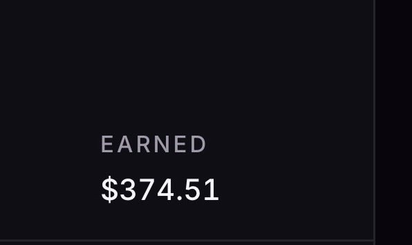 The image displays a dark screen with the text "EARNED" and the amount "$374.51," highlighting the creator fees the user reportedly made from the platform Arguspad, as mentioned in their post.