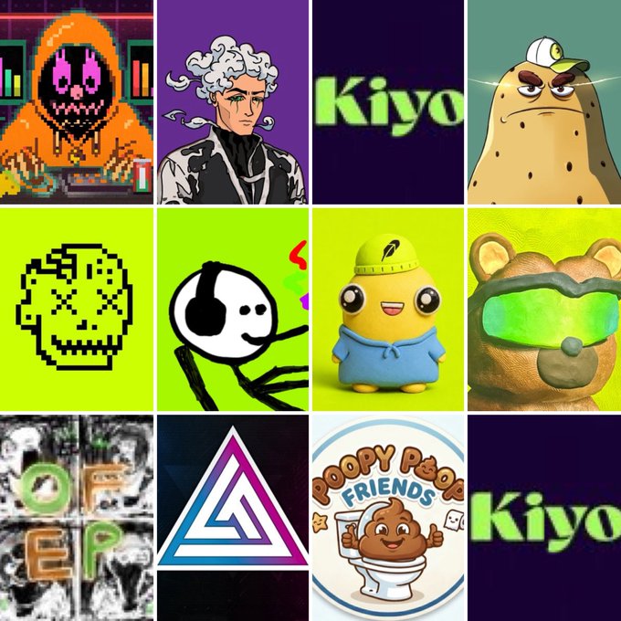 A 3x4 grid collage of various characters, logos, and illustrations including a pixelated figure, a white-haired anime character, the text 'Kiyo' on a purple background, a potato-like character, a pixel skull, a cartoon figure, a yellow character in a hoodie, a teddy bear with green glasses, a 'DREEP' text design, a geometric triangle logo, a 'Poopy PeePoo FRIENDS' logo, and 'Kiyo' text again.