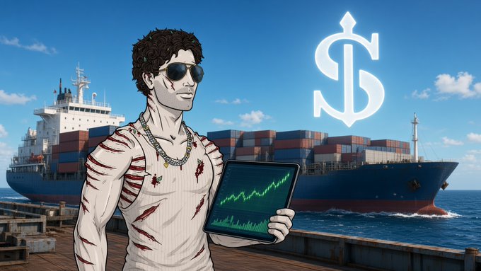 An anime-style character with sunglasses holding a tablet displaying a stock chart, standing in front of a cargo ship with a dollar sign logo.