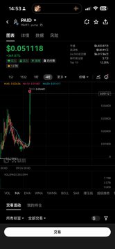 A mobile phone screenshot of a trading app displaying the PAID token with a price of $0.051118 and a downward trending candlestick chart.