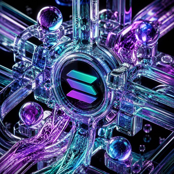 A vibrant 3D rendering of the Solana cryptocurrency logo surrounded by crystalline glass-like tubes and purple/blue spheres in a futuristic tech aesthetic.