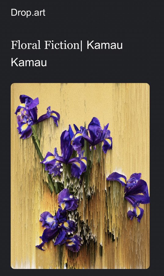 An art piece titled "Floral Fiction | Kamau Kamau" from Drop.art showing purple irises against a gold background with a dripping, glitch-like digital effect.
