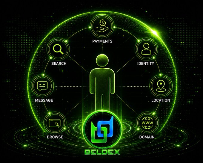 A promotional graphic for BELDEX features a glowing green human figure surrounded by a circular interface highlighting seven features: SEARCH, PAYMENTS, IDENTITY, LOCATION, DOMAIN, BROWSE, and MESSAGE, with the Beldex logo at the bottom.