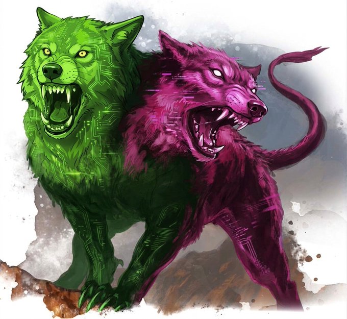 Digital artwork depicts two snarling, mechanical wolves—one green and one pink/magenta—styled with circuitry patterns on their bodies.
