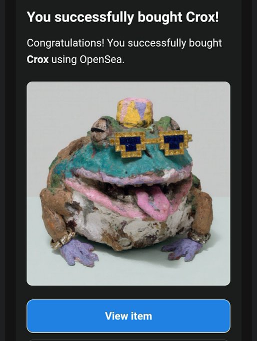 An OpenSea purchase confirmation notification stating "You successfully bought Crox!" featuring a photo of a handmade clay toad sculpture wearing pixelated sunglasses and a crown, with a "View item" button below.