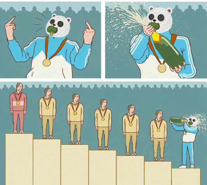 A three-panel comic depicting a panda athlete on a medal podium, shown celebrating, spraying champagne, and then spraying the other medal-winning athletes who look on in dismay.