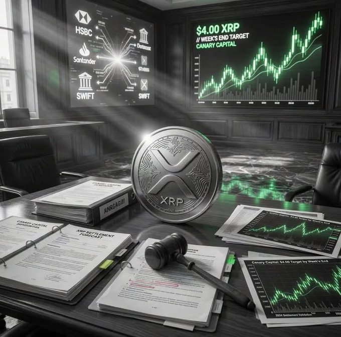A dark, financial-themed digital artwork features a large XRP coin on a wooden desk surrounded by legal documents, a gavel, and screens displaying banking logos like HSBC, Santander, and SWIFT, with one screen showing a chart titled '$4.00 XRP // WEEK'S END TARGET CANARY CAPITAL'.