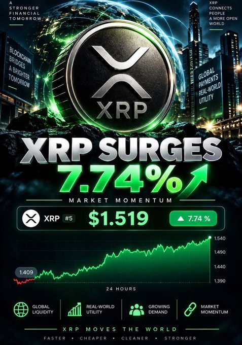 A promotional graphic for XRP cryptocurrency showing a 7.74% surge with a price of $1.519, featuring the text 'XRP SURGES', 'MARKET MOMENTUM', and 'XRP MOVES THE WORLD' alongside a 24-hour chart.