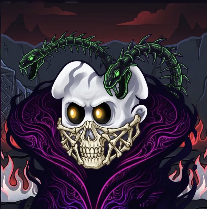 A digital illustration of a menacing white skull with glowing yellow eyes wrapped in dark purple tendrils and flanked by two green serpentine creatures, set against a fiery, rocky background.