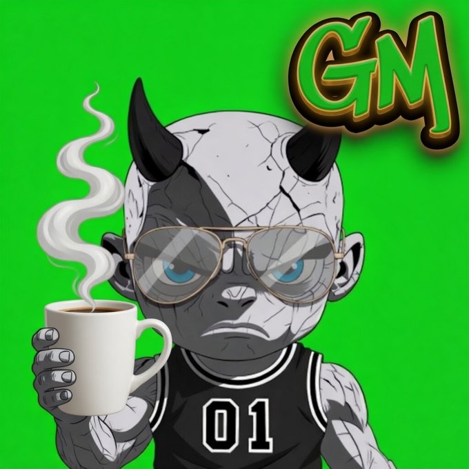 An anime-style character with horns, sunglasses, and a '01' jersey holding a steaming coffee mug against a green background with a 'GM' logo.