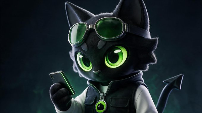 A stylized 3D-rendered black cat character with bright green eyes wears green goggles on its head and holds a small device, featuring a glowing green circular emblem on its vest.