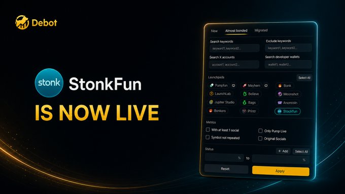 A promotional graphic announcing the launch of "StonkFun" with bold yellow text reading "IS NOW LIVE," alongside the Debot logo. On the right, a screenshot of the Debot search interface displays filters for "Almost bonded," "Migrated," keywords, launchpads (including StonkFun selected), and metrics. The image visually supports the post's announcement of DeBot's integration with the StonkFun launchpad on Solana.