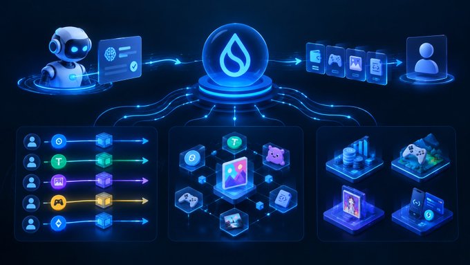 A digital illustration showing a futuristic technology concept with a robot, data icons, gaming elements, and a user profile connected through glowing blue circuit lines.