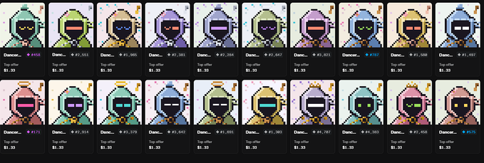 A grid displays multiple pixel-art NFT profile pictures with various colorful designs, all listed with a price of 0.33 ETH and 'Top offer' status.
