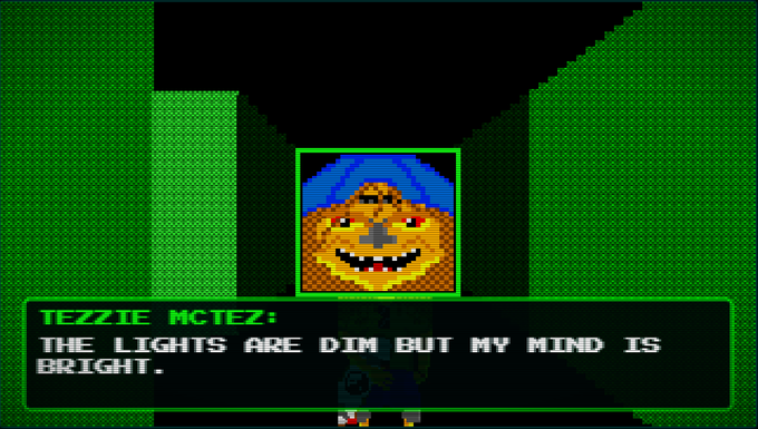 A retro 16-bit style video game screenshot showing a pixelated character portrait of 'TEZZIE MCTEZ' with the dialogue: 'THE LIGHTS ARE DIM BUT MY MIND IS BRIGHT.'