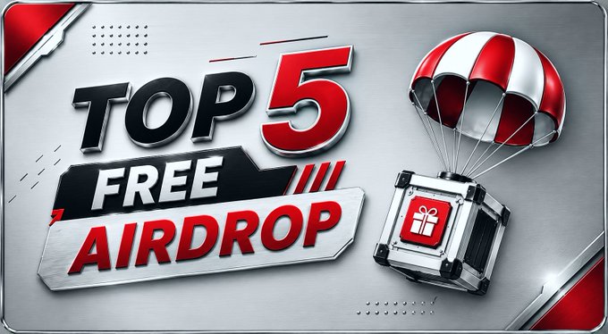 A promotional graphic featuring a red and white parachute delivering a gift box crate, with bold text reading "TOP 5 FREE AIRDROP" against a metallic silver and red background. The image visually reinforces the post's message of free cryptocurrency airdrop opportunities by using the parachute and gift iconography to symbolize receiving valuable tokens at no cost.