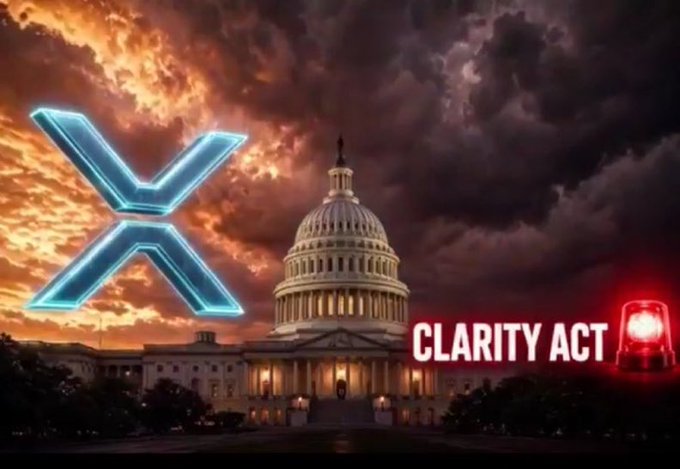 A dramatic image featuring the U.S. Capitol building at sunset with a large XRP logo on the left and the text 'CLARITY ACT' next to a red emergency-style light on the right.