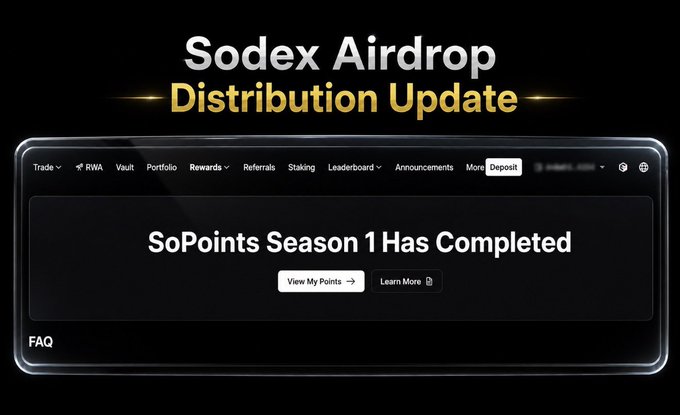 The image displays a promotional graphic titled "Sodex Airdrop Distribution Update" featuring the platform's interface, which announces "SoPoints Season 1 Has Completed" with options to "View My Points" and "Learn More." This visual aligns with the post confirming that SoDex Season 1 has officially ended with a completed snapshot, while noting that no Season 2 or new weekly campaign has begun yet.