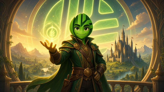 A fantasy illustration of a young, green-skinned character with pointed ears in green robes, holding up a hand that emits green energy, with a castle and mountains in the background.