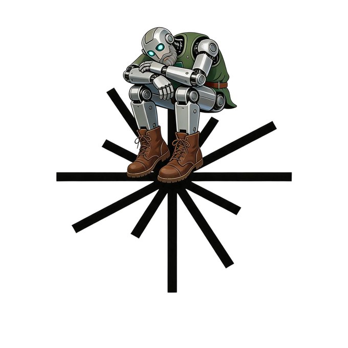 An illustration of a sad-looking robot wearing a green coat and brown boots, sitting hunched over on a black asterisk-like structure.