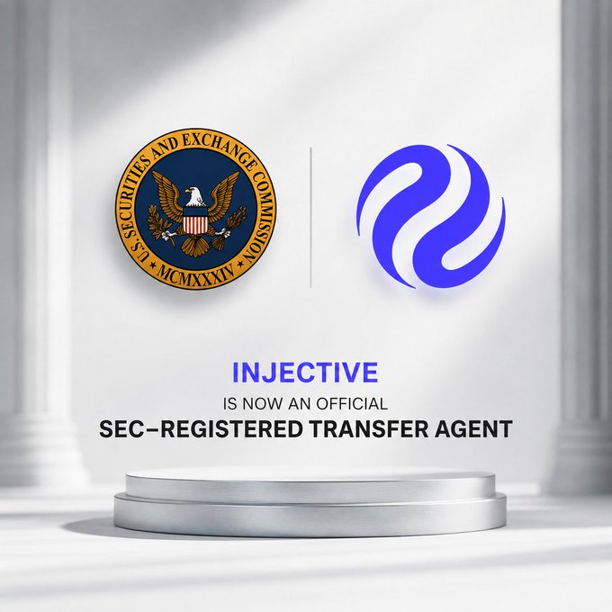 A promotional graphic showing the SEC seal alongside the Injective logo, with text reading 'INJECTIVE IS NOW AN OFFICIAL SEC-REGISTERED TRANSFER AGENT' on a podium background.