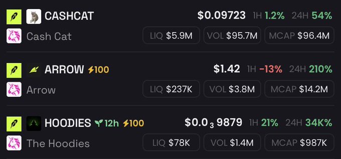 A cryptocurrency list showing CASHCAT at $0.09723 (+54% 24H), ARROW at $1.42 (+210% 24H), and HOODIES at $0.39879 (+34% 24H) with their liquidity, volume, and market cap stats.