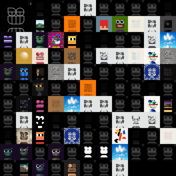 A grid of various abstract and cartoonish square icons, including faces, eyes, and geometric patterns, displayed against a dark background.