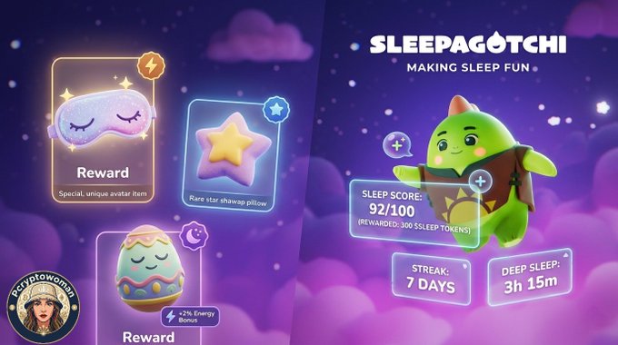 The image features two different screens side by side with sleep-related content displayed. The left screen shows an advertisement for a sleep app called @sleepagotchi, which encourages users to track their sleep patterns and rewards them with points or badges based on their sleep quality. On the right screen, there is a post about how to make sleep fun, suggesting that sleep can be enjoyable by incorporating games or other activities into bedtime routines. The two screens are positioned next to each other, creating an interesting visual contrast between the app promoting sleep and the post encouraging more active engagement with sleep.