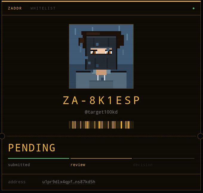 A pixel art character interface labeled 'ZADDR WHITELIST' showing a pending whitelist request for 'ZA-8K1ESP' (@target100kd) in the review stage.