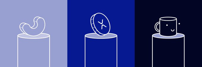 Three minimalist line-art illustrations on gradient blue backgrounds show a flexing bicep, a coin with an X symbol, and a smiling coffee mug, each displayed on a cylindrical pedestal.