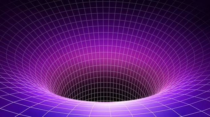 An abstract digital artwork depicting a glowing purple grid forming a funnel or vortex descending into a black hole.